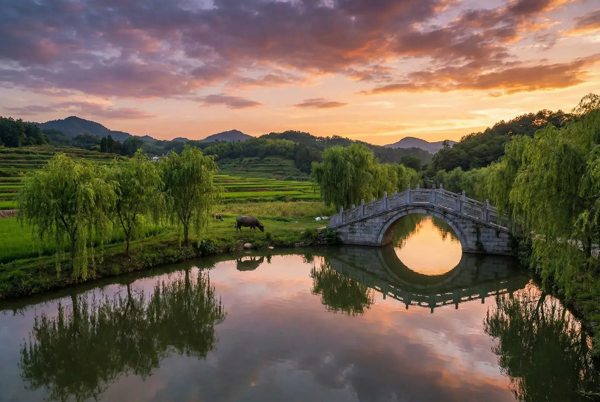 夕阳下的石拱桥与垂柳，水牛在河边吃草 - 成年人视频 乡村美景